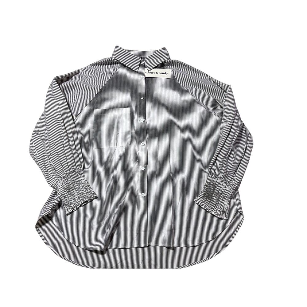 NWT Lemafer Women 2XL Dark Grey & White Striped Button Down Professional Blouse